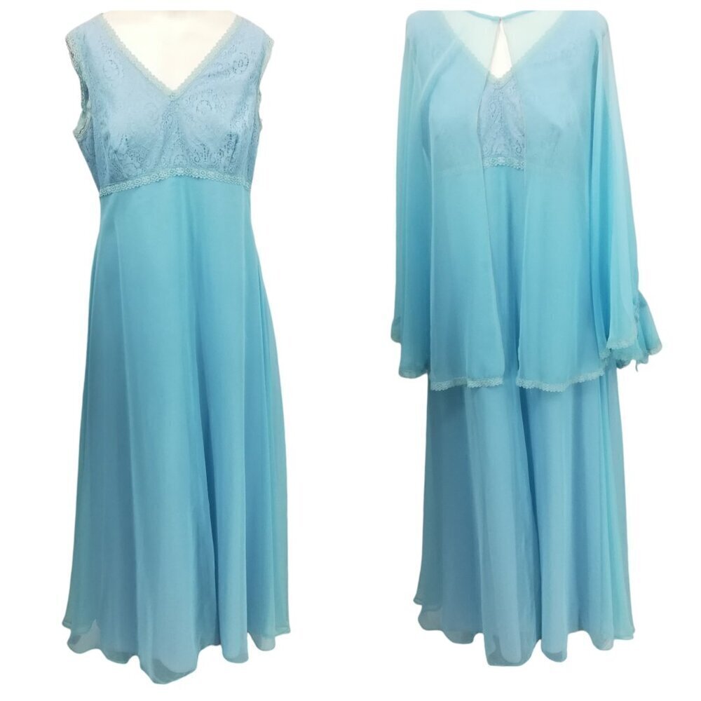 Vintage Bernie Bee Sport 70s Blue Lace Formal Party Dress Set Cape Size 14 M